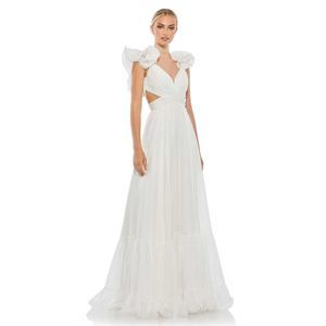 Mac Duggal x Anthropologie Rosette Ruffle Tiered Cut-Out Chiffon Gown (White 12)